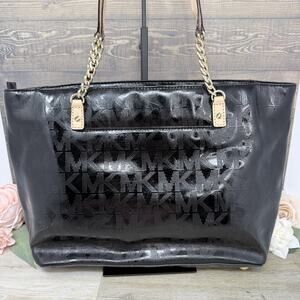 Michael Michael Kors Monogram MK Black Patent Leather Chain Bag Tote